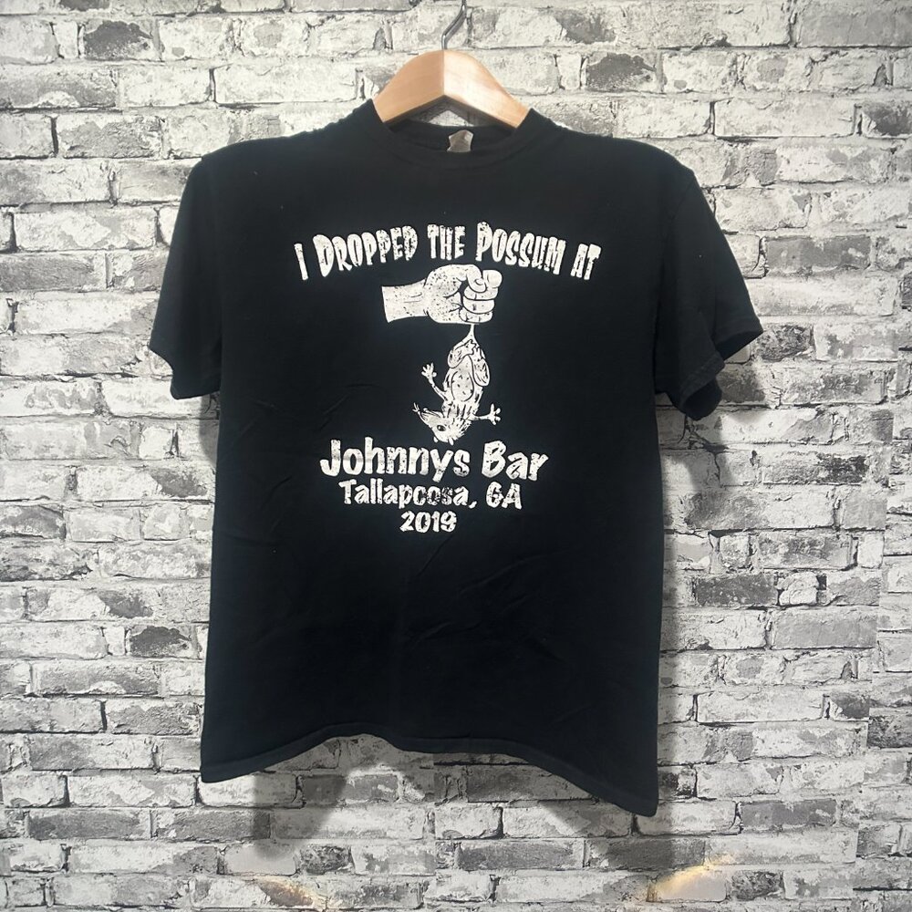 EUC Gildan Johnnys Bar Women's Black T-Shirt White Font Size Medium